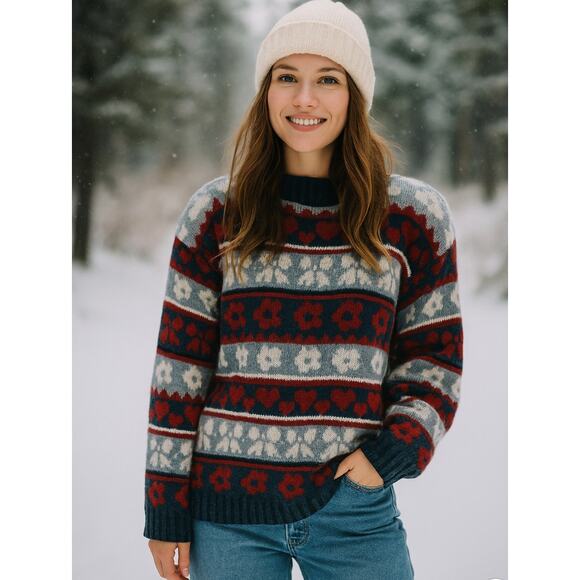 Vintage Huntington Ridge Large Acrylic Crew Sweater Hearts Bows Flowers Red Blue - Picture 1 of 7